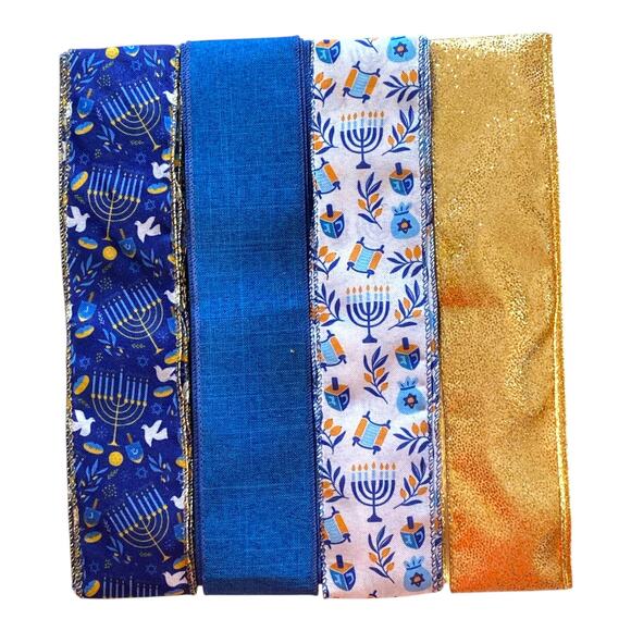 Hanukkah Ribbon & Sign Craft Bundle | Blue Gold Menorah Doves DIY Wreath Kit - Picture 3 of 6